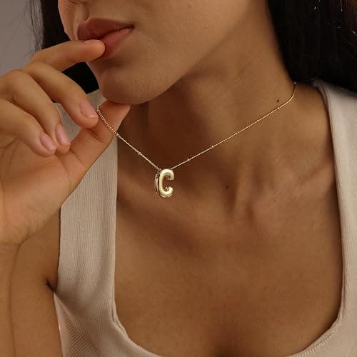 Ewrkbrㅤ Initial Necklaces for Women, 14k Gold Plated Bubble Letter Necklace Chunky Gold Necklace Dainty Charm Initial Necklaces for Women Trendy Custom Preppy Stocking Stuff Necklace Christmas Gifts thumbnail 2
