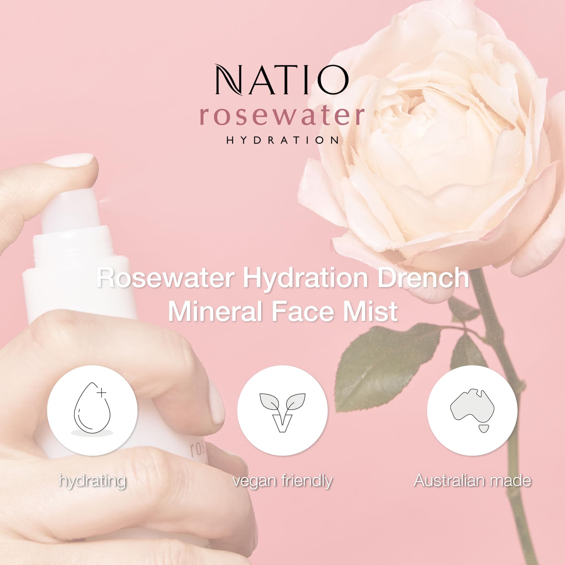 Natio Australia Rosewater Hydration Drench Mineral Face Mist 200ml - Refreshing Skin Balancing Rosewater & Hyaluronate Facial Mist - Hydrating, Replenishing & Balancing - Made in Australia thumbnail 10
