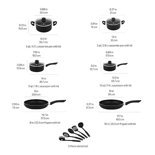 Amazon Basics Ceramic Non-Stick Cookware 15-Piece Set, Pots, Pans and Utensils, Black thumbnail 4