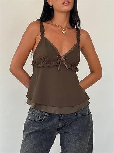 Women Y2k Ruffle Cami Top Tie Front Sleeveless V Neck Ruched Flowy Peplum Babydoll Tops Summer Coquette Streetwear thumbnail 6