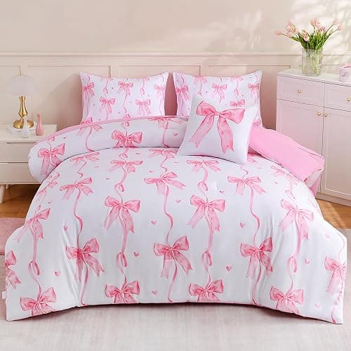 DORCAS Twin Size Bow Comforter Set 6Pcs Bed in A Bag for Girls Kids | Pink Girls Bedding Set,100% Microfiber,Whole-Piece Filling, Machine Washable, Deep-Pocket Sheet - Image 1