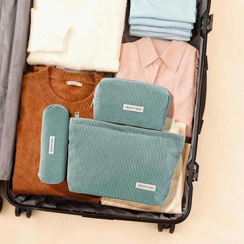 Makeup Bag Set，3 Pcs Initial Makeup Bag, Corduroy Cosmetic Bag with Zipper Closure，Cute Make Up Bag Purses Pouch Travel Toiletry Bag for Women Girls Friend Personalized Gifts (Green) thumbnail 5