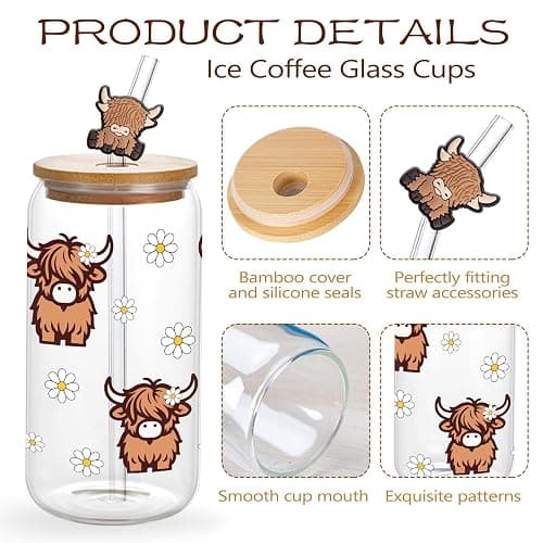 Highland Cows Gifts for Women Highland Cow Lovers Decor Print Stuff Coffee Cup with Cow Straw - Cute Coffee Cups/Tumbler Christmas Birthday Gifts for Women Girls, Glass Cup with Lid and Straw 16oz thumbnail 7
