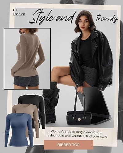 Riyiper 3 Pack Women's Long Sleeve Shirts, Cotton Crew Neck Ribbed Tops Slim Fit Casual Knit Tees Stretch Basic T Shirts 2025 thumbnail 6