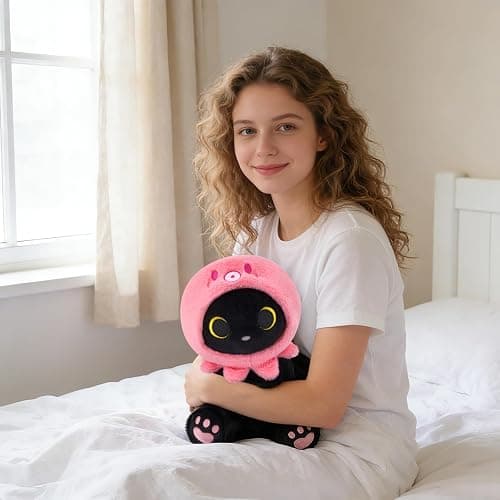KOPHINYE Octopus Cat Plush - 8" Black Cat Stuffed Animal with Removable Squid Plush Hood, Soft Huggable Plushie Toy for Kids, Kawaii Plushies Birthday Gift for Girlfriend thumbnail 2