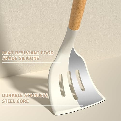 Umite Chef Kitchen Cooking Utensils Set, 33 pcs Non-stick Silicone Cooking Kitchen Utensils Spatula Set with Holder, Wooden Handle Silicone Kitchen Gadgets Utensil Set (Cream White) thumbnail 7