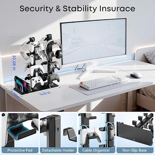 Headphone and Game Controller Desk Stand for PS5/ Xbox/ PS4 Controller, 4 Tiers Headset Hanger with Organizer for Switch 2/1/PS Portal Game Console, Multiple Controller Storage Dispay Rack-16 Hooks thumbnail 3