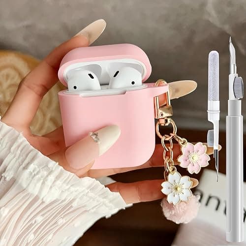Cute Pink Case for Airpods 2nd/1st Generation Cover for Girl Women with Pom pom Flower Keychain & Cleaner Kit, Soft Silicone Airpods iPod 2/1 Gen Protective Cover Skin for Airpod 2/1, Pink - Image 1