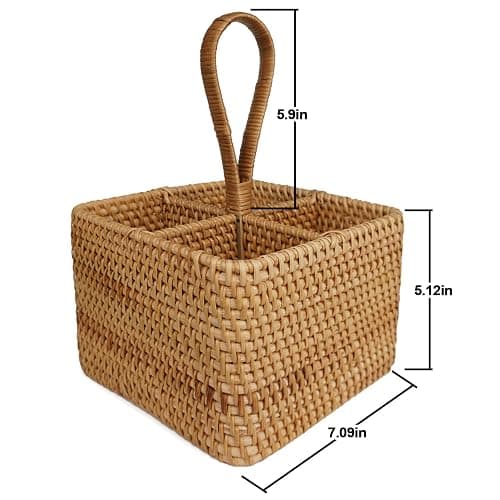 Natural Wicker Utensil Caddy with Built-in Handles，Wicker Silverware Caddy with 4 Compartments，Spoon Cutlery Holder Utensils Organizer，Condiment Organizer Silverware Holder(7.09 * 5.12 inch) thumbnail 3