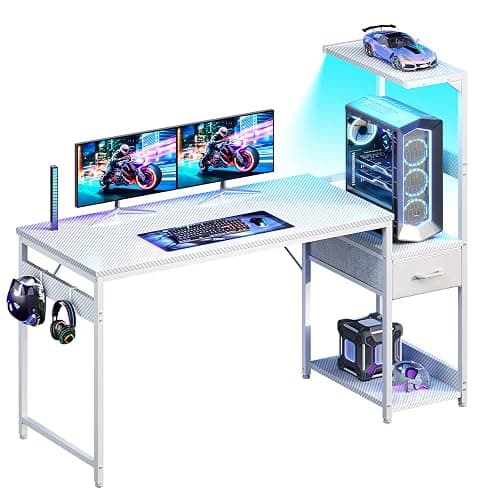 Casaottima 54 Inch Gaming Desk with Storage & LED Lights, Reversible Computer Desk with Display Shelves & Fabric Drawer, Modern Gamer Desk Table with Side Headphone Hook, Carbon Fiber White - Image 1