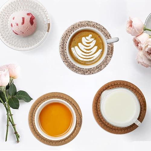 OIAHOMY 8 Pcs Coasters with Holder, Coasters for Drinks, Woven Cotton Absorbent Coaster Set for Kinds of Cups, Housewarming Gifts for Home Decor -Yellow thumbnail 2