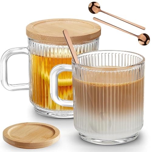 Mfacoy 2 PACK Glass Coffee Mugs with Handle & Spoon, 12 OZ Glass Coffee Cups with Bamboo Lid, Ribbed Glass Cups, Clear Tea Cup for Hot/Cold Beverages, Glassware Set for Americano, Latte, Cappuccino thumbnail 7