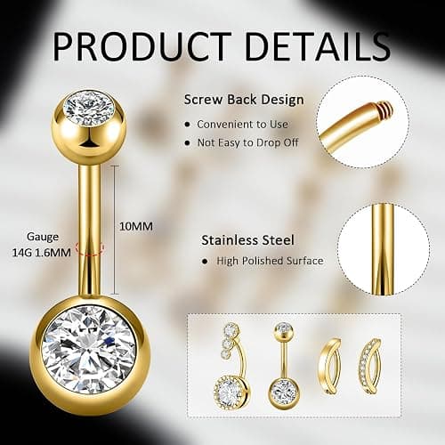 Beautidots 9PCS Belly Button Ring Dangle Stainless Steel Belly Rings 14G 1.6MM Belly Piercing Cute Navel Ring Piercing Jewelry Belly Ring for Women thumbnail 2