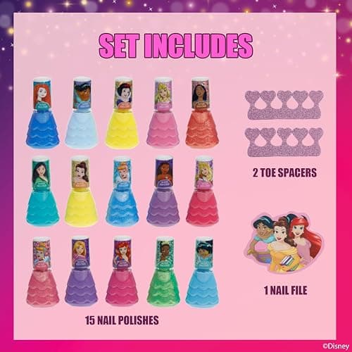 Disney Princess 15 Piece Water-Based Nail Polish with 3 Toe Spacers, Quick Dry, Peel Off, Gift Kit Set for Kids Girls, Ages 3 by Townley Girl thumbnail 2