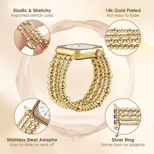 AIRSPO Gold Beaded Bracelets Compatible for Apple Watch Band 38mm 40mm 41mm 42mm Women, Fashion Handmade Dressy iPhone Watch Bands Stainless Steel Beads Elastic Strap for iWatch Series 11 10 9 SE 8 7 6 5 4 3 2 1 Gold Bead thumbnail 5