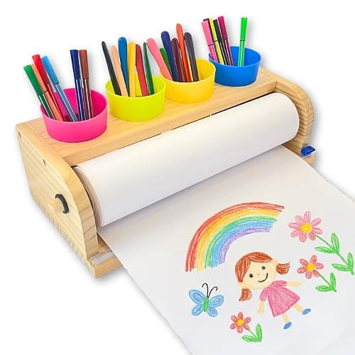 Wooden Tabletop Paper Roll Dispenser with Safety Sliding Cutter - Kids Art Easel with Roll of Paper (11.4”x 98.4ft)- Pencil Cups and Drawing Kit 30 Piece Set (Safety Sliding Cutter) - Image 1