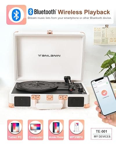 Vinyl Record Player Bluetooth Vintage 3-Speed Portable Suitcase Turntables with Built-in Speakers, Belt-Driven LP Player Support USB Recording AUX-in RCA Line Out Headphone Jack, White thumbnail 8