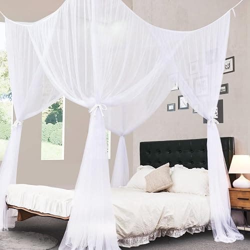 South To East White Canopy Bed Curtains, 4 Corner Post Queen King Bed Canopy for Girls & Adults, Top Luxurious Bed Drapes for Bedroom Decoration, 4 Openings, 100% Ripstop Polyester, Easy Install thumbnail 8