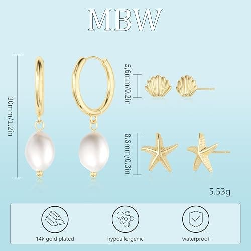 MBW Gold Starfish Earrings for Women, Small Dainty 14k Gold Plated Seashell Conch Pearl Hoop Dangle Earrings Stud Sets Beach Ocean Halloween Jewelry Gifts for Women Trendy thumbnail 6