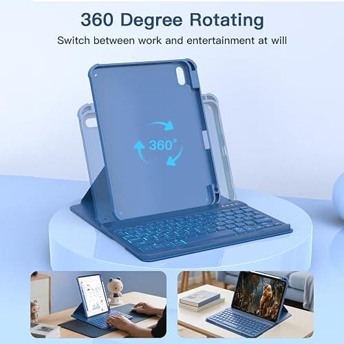 RAYMCRAFT for iPad 11th(A16, 2025)/10th Generation Case with Keyboard | 360° Rotatable Case, Detachable Backlit Keyboard, Precision Cutouts, Pen Holder for iPad A16 11''/10th 10.9'', Navy Blue thumbnail 3