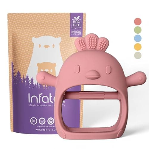 Infatot® Teething Toys for Baby Gifts – Chicken Silicone Mitten Teether, Soothing Glove for Infants, Baby Toys 0-6 Months, Soft Chewable Teether Toy to Prevent Finger Sucking, Plum - Chicken Plum - Image 1