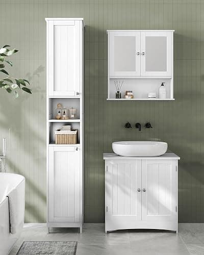 VASAGLE Tall Storage Cabinet with Lights, Slim Freestanding Cabinet with Adjustable Shelves, for Small Spaces, Bathroom, Living Room, Modern, 11.8 Inches Wide, Cloud White UBBC566W02 thumbnail 8