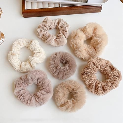 Yonchic 7-Piece Velvet Solid Elastic Hair Ties, Gentle Style Scrunchies for Women Long Thick Hair, No Damage Hair Scrunchies Rubber Bands Accessories (Khaki) - Image 1