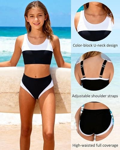 Kids4ever Girls Swimsuit 2 Piece Color Block Teen Bathing Suit Girl's Bikini Set Size 9-16Y thumbnail 6