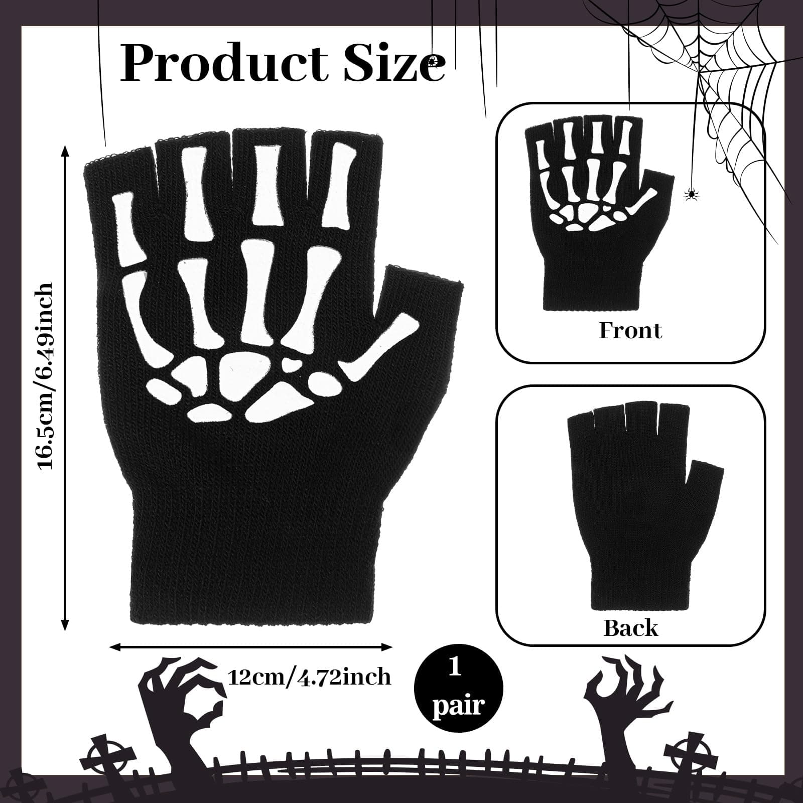 Bremorou 1 Pair Halloween Skull Bone Hand Gloves Skeleton Fingerless Gloves For Men Women Kids Bone Glove Unisex Punk Goth Accessories In The Dark Halloween Costume Emo thumbnail 2