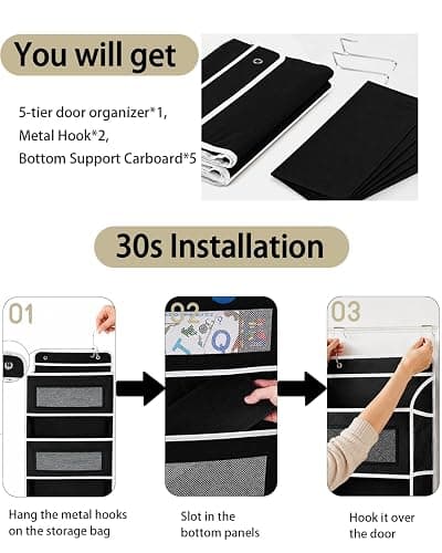 UFORU Over The Door Organizer Storage, 5 Tiers Large Capacity Door Hanging Organizer Shelf, 44lb Heavy-Duty Behind the Door Storage for Closet, Bathroom, Nursery, Bedroom, Shoes, Black thumbnail 8