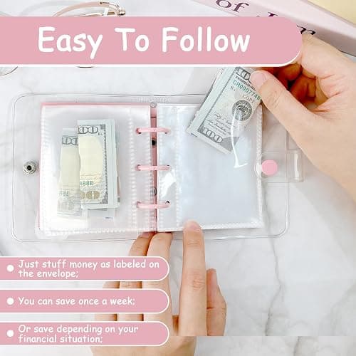 Drawelry Mini Money Saving Binder, 25 Cash Envelopes Money Saving Challenge Binder $500 $1000, Portable Savings Book Envelopes Stickers for Budgeting Planner Christmas Birthday Gift (Pink, $500) thumbnail 4