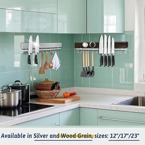 17" Magnetic Knife Holder for Wall, Stainless Steel Knife Magnetic Strip | No Drill with 10 Hooks/Adhesive Tape/Screws, Kitchen Utensil Holder, Magnetic Knife Organizer, Wall Mounted Knife Storage thumbnail 2