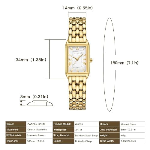 GAOFAN HOUR Gold Watches for Women with Vintage Rectangular Case,White Roman Dial,Stainless Steel Band,Adjustment Tool Included,Water Resistant thumbnail 4