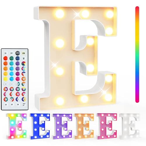 Pooqla Colorful Light Up Letters with Remote, Upgraded 35 Colors LED Marquee Letters, RGB Lighted Letter for Girls Teenager Gift, Birthday, Party, Wedding, Night Light, Room, Bedroom Decor, Letter E - Image 1