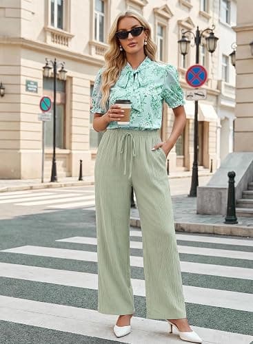 Acelitt Women's Linen Pants Wide Leg Beach Trousers with Pockets | Flowy Palazzo Pants, Elastic Waist Lounge Pants, Casual Spring Summer Outfits for Beach Vacation, Coastal , Teachers thumbnail 4