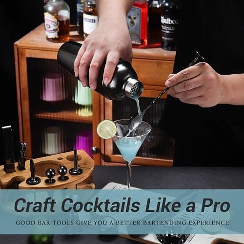 Cocktail Shaker Set Bartender Kit with Stand, 12 Piece Bar Set Drink Mixer Set with Stainless Steel Bar Accessories Tools: 25oz Martini Shaker Jigger Strainer Spoon Muddler for Cocktails (Black) thumbnail 6