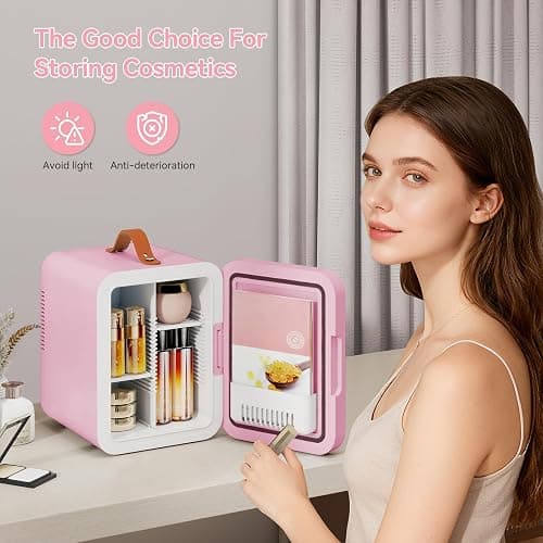 ARTETHYS Mini Skincare Fridge for Bedrooms, 4L Small Car Fridge with LED Mirror, Cooler and Warmer, Beauty Fridges for Home Office, 220V AC/12V DC, Pink thumbnail 4