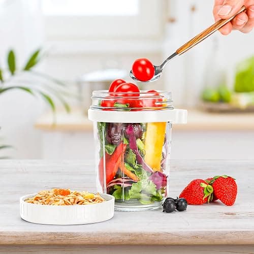 PFUM Overnight Oats Jars with Spoon and Lid 16 oz [2 Pack], Airtight Oatmeal Container with Measurement Marks, Mason Jars with Lid for Cereal On The Go Container (2pcs white) thumbnail 2