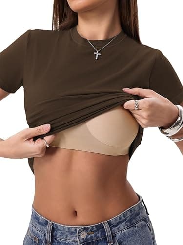 Danysu Nude Built in Bra Cotton Jersey T Shirt No See Through Stretchy Lightweight Fitted Everyday Basic Tops Gym Workout Tee thumbnail 2