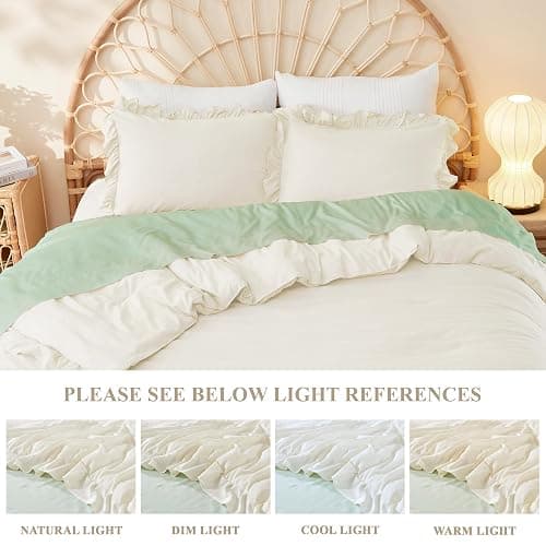 Litanika Full Comforter Set Ivory, 3 Pieces Beige Ruffle Farmhouse Aesthetic Bedding Comforter Set, Lightweight Fluffy Microfiber Bed Set (79x90In Comforter, 2 Pillowcases) thumbnail 5