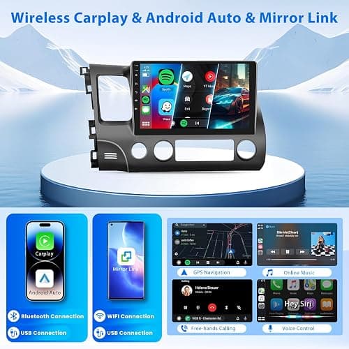 2+64G Android Car Stereo for Honda Civic 2006 2007 2008 2009 2010 2011 Wireless Carplay Android Auto, 10.1'' Touchscreen Head Unit with GPS Bluetooth Mirror Link WiFi FM/RDS EQ AHD Backup Camera SWC thumbnail 2