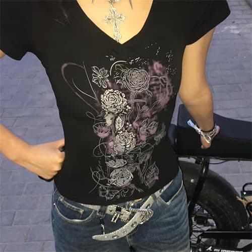 VnimVinter Grunge Shirt 2000s Clothing Teen Girls Women Vintage Graphic Y2k Short Sleeve Goth Tee Emo Clothes Streetwear thumbnail 6