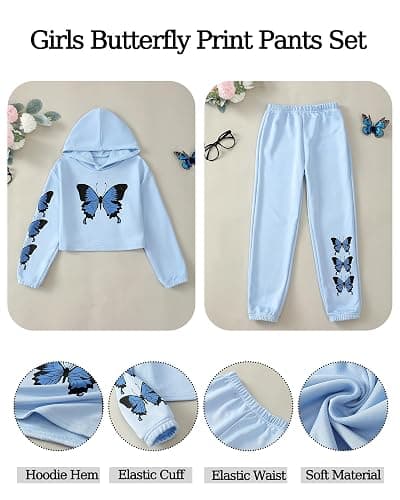YOURUIKEY Girls' Clothing Set Butterfly Print Crop Top Hoodies Sweatpants 2 Piece Outfits Kids Sweatsuit Tracksuit Jogger Set thumbnail 6
