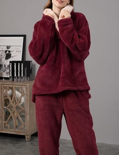 Fenclushy Women's Fluffy Loungewear Sleepwear Lounge Casual Pajamas Sets Loose Long Sleeve Fleece Pullover and Pants Set thumbnail 5