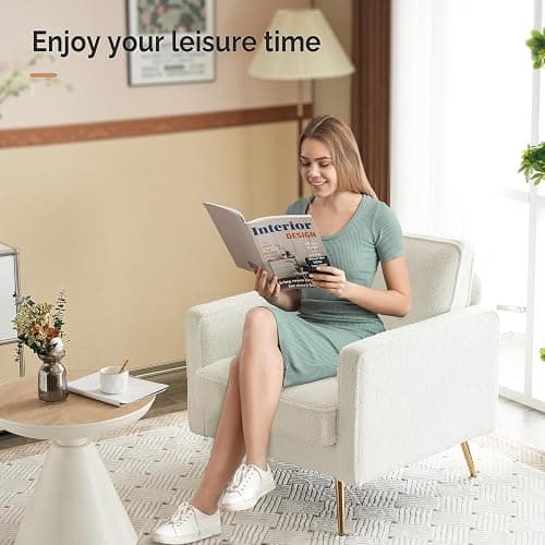 VINGLI Upholstered Living Room Chairs White Accent Chair Fluffy Teddy Fabric Mid Century Modern Sofa Chairs with Arms, Gold Legs for Reading, Bedroom, Waiting Room thumbnail 3