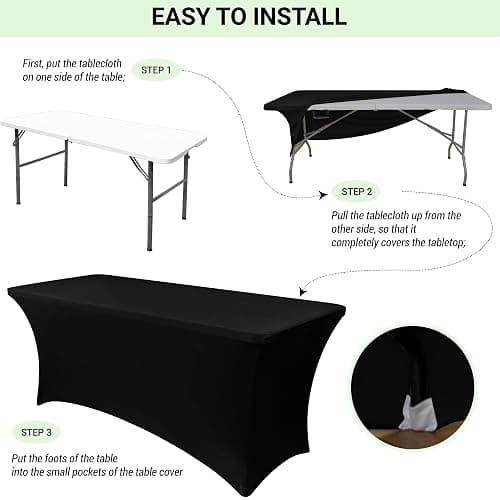 Obstal 6ft Stretch Black Spandex Table Cloth for Standard Folding Tables - 2 Pack Universal Rectangular Fitted Tablecloth Protector for Wedding, Trade Show, Vendor Stand thumbnail 6