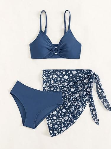 COZYEASE Girls' 3 Piece Bikini Set Ditsy Floral Print Wireless Swimsuit with Beach Skirt thumbnail 6