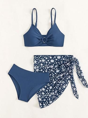 COZYEASE Girls' 3 Piece Bikini Set Ditsy Floral Print Wireless Swimsuit with Beach Skirt - 9 Years - Navy Blue thumbnail 6