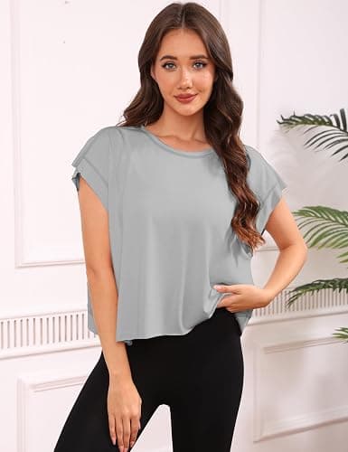 Fhniepan Open Back Tops for Women Oversized Short Sleeve Workout T Shirts Backless Y2k Athletic Crop Running Tees thumbnail 2