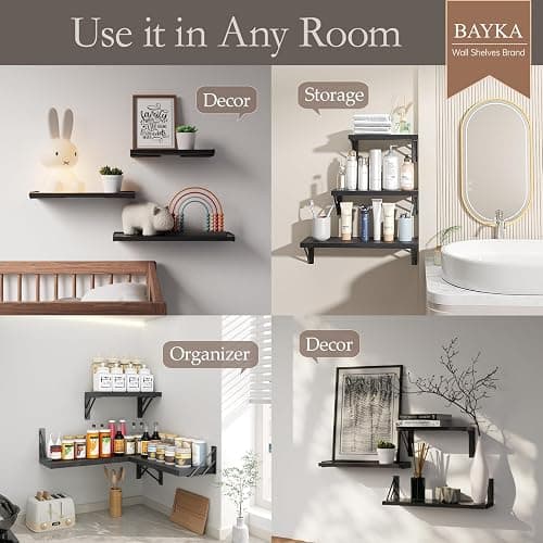 BAYKA Wall Mounted Floating Shelves, Wood Floating Wall Shelf for Books & Decor, Small Space-Saving Display & Organizer（Black，Set of 3） thumbnail 7